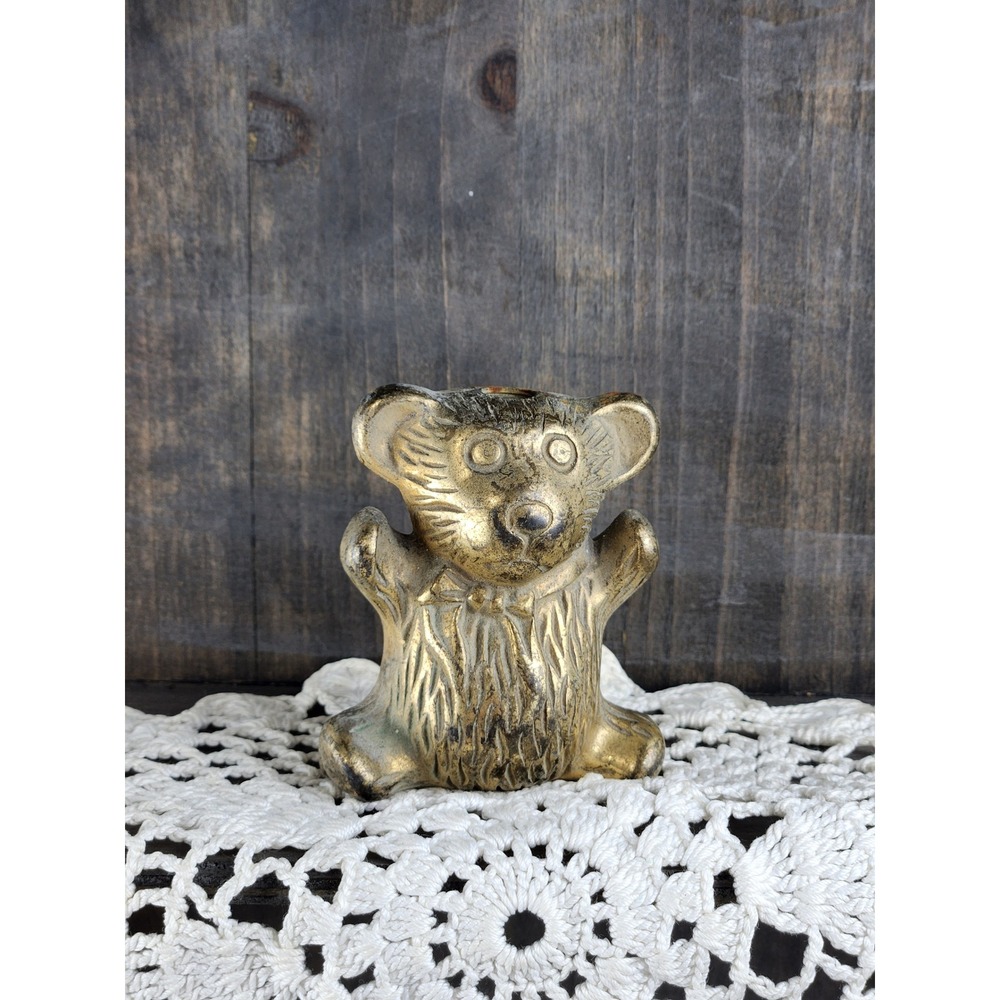 Vintage Brass Teddy Bear Figurine Gold Tone Metal Bear Statue Decor 3 Inch